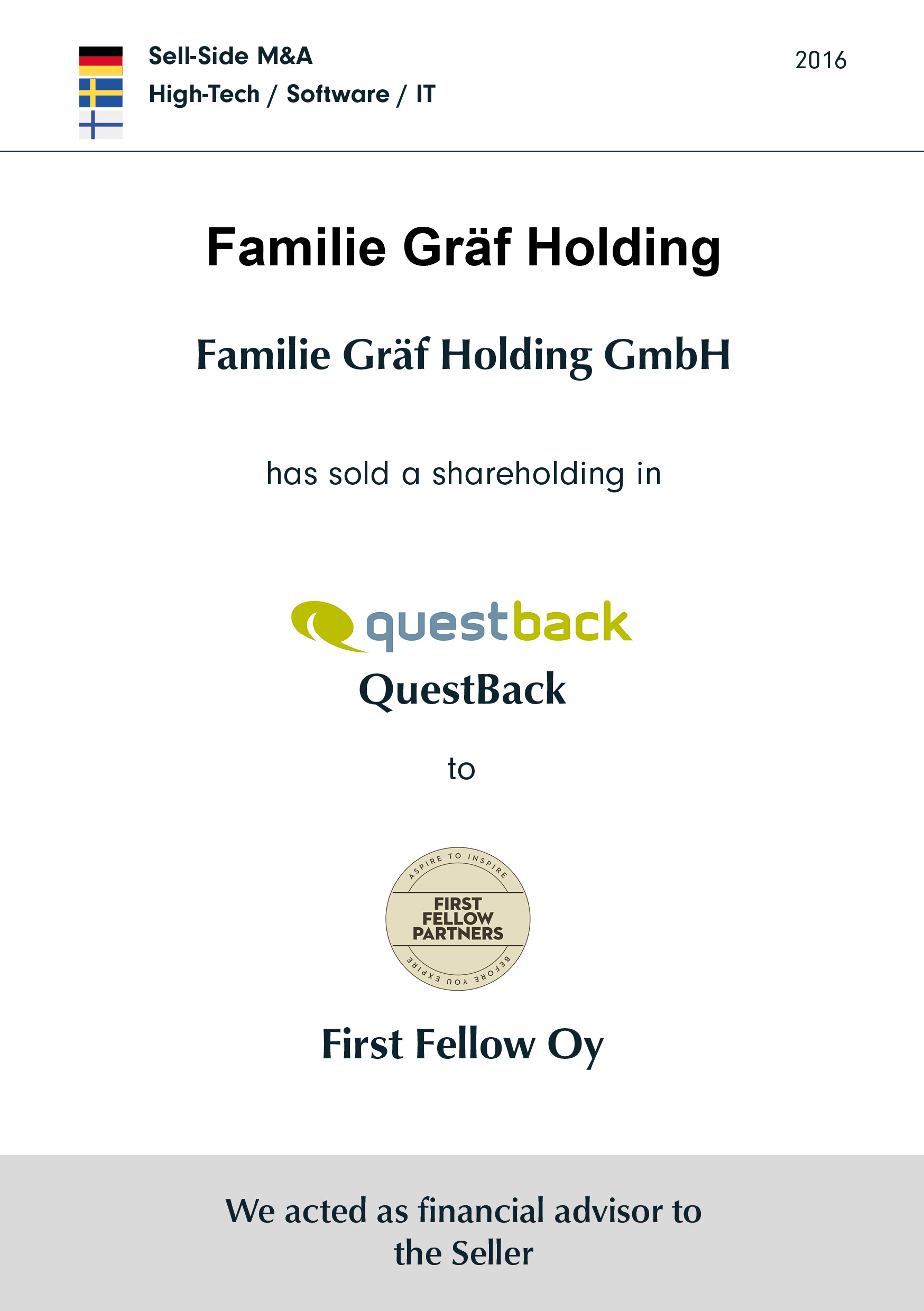 Familie Gräf Holding has sold a shareholding in Questback to FIRST FELLOW OY