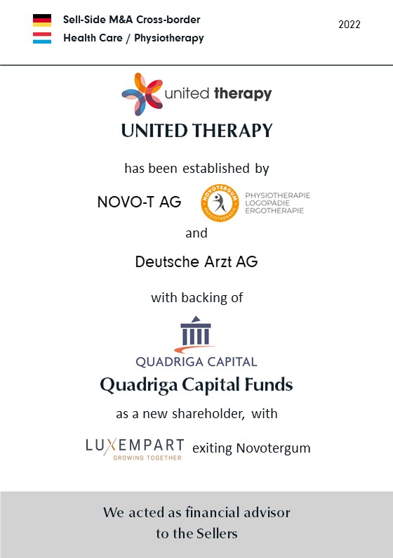 BELGRAVIA & CO. berät Deutsche Arzt AG, Luxempart S.A. und NOVO-T AG bei der Formierung der UNITED THERAPY-Gruppe, mit neuem Gesellschafter QUADRIGA